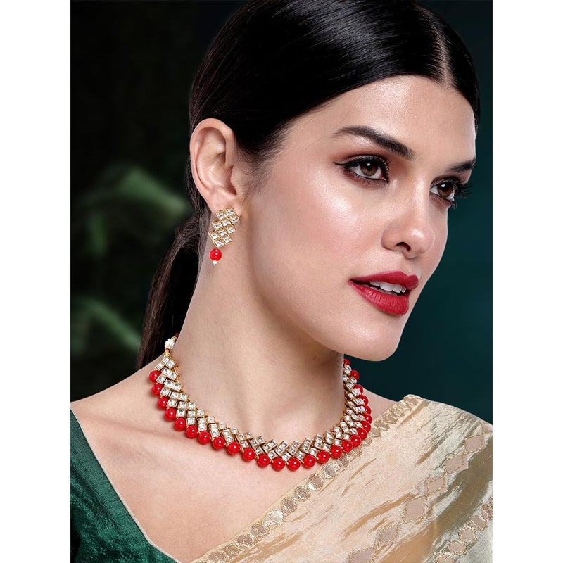Aheli Stylish Bollywood Wedding Party Wear Necklace Earring Set Indian Ethnic Traditional Jewelry for Women (Red) - Image 2